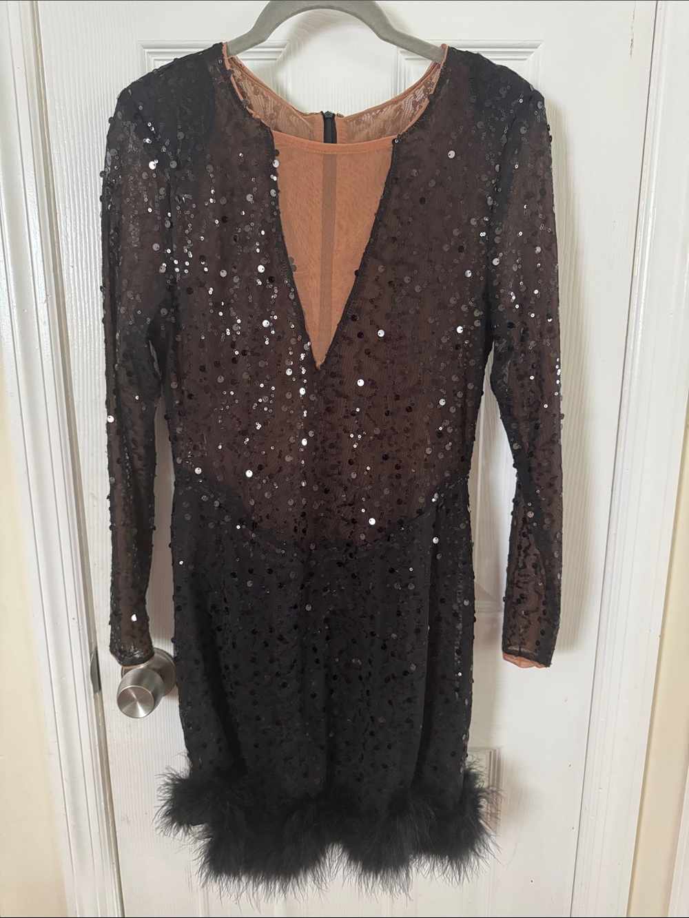 Black Sequin Mesh Party Dress with Feather Hem